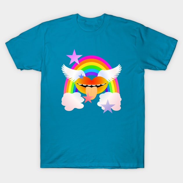 Groovy Winged Lips, Rainbow & Stars - ORANGE T-Shirt by RawSunArt